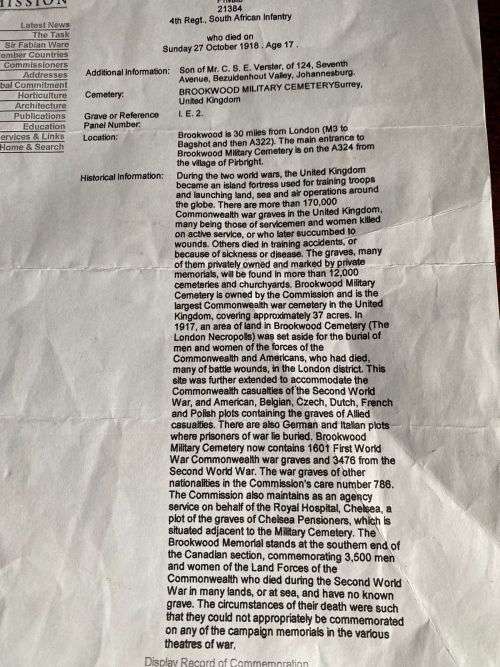 WW1 DEATH PLAQUE-JAMES ERASMUS VERSTER-1ST SAI NO 21384-DIED ON SERVICE UK 27/10/1918-COMES WITH 3 P