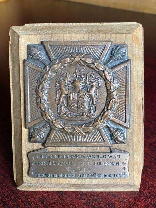 SAAF WW2 DEATH PLAQUE TO CPL. J.E.D. CHEESMAN,SEE PICS FOR INFO PLEASE,HIS BROTHER A SPITFIRE PILOT