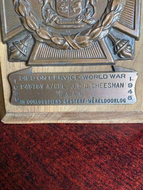 SAAF WW2 DEATH PLAQUE TO CPL. J.E.D. CHEESMAN,SEE PICS FOR INFO PLEASE,HIS BROTHER A SPITFIRE PILOT