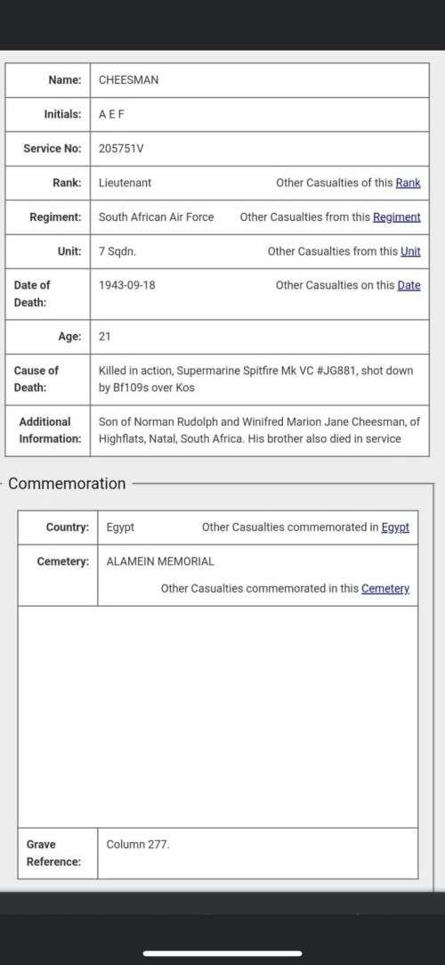SAAF WW2 DEATH PLAQUE TO CPL. J.E.D. CHEESMAN,SEE PICS FOR INFO PLEASE,HIS BROTHER A SPITFIRE PILOT