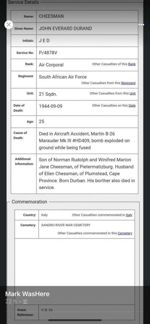 SAAF WW2 DEATH PLAQUE TO CPL. J.E.D. CHEESMAN,SEE PICS FOR INFO PLEASE,HIS BROTHER A SPITFIRE PILOT