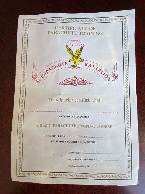 BLANK CERTIFICATE OF PARACHUTE TRAINING- ORIGINAL