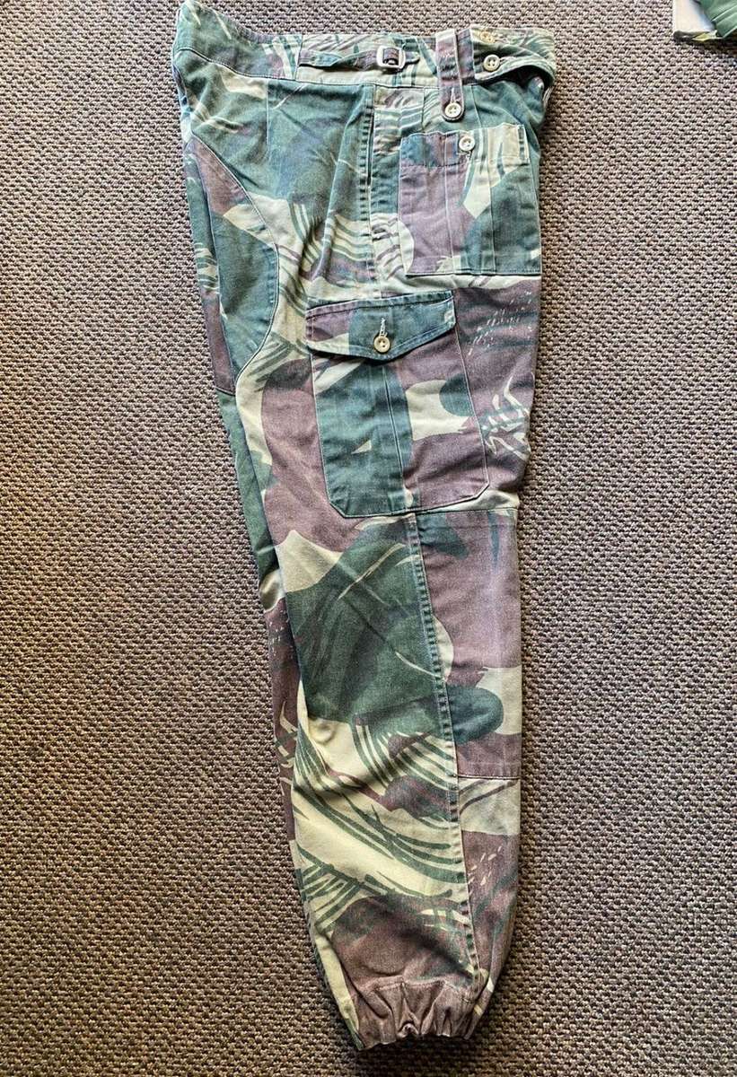 RHODESIA CAMO,TROUSERS,SIZE 32 TO 33-PLEASE LOOK AT MEASUREMENTS-PIPE LENGTH OF 72 CM-USED BUT GOOD