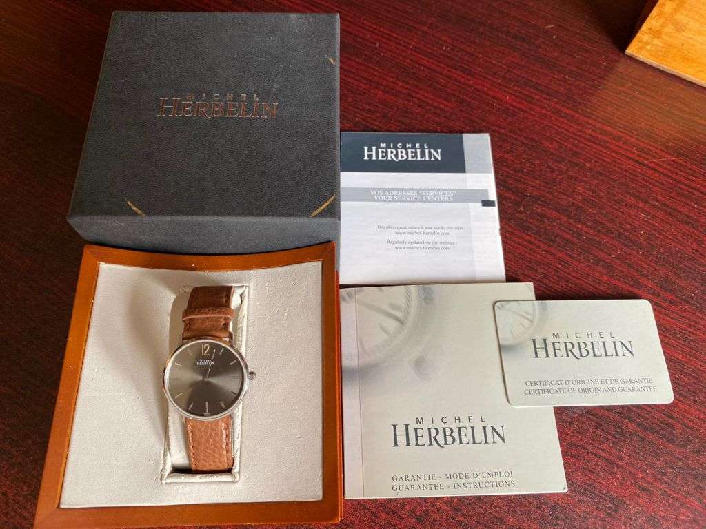 MICHEL HERBELIN QUARTZ LADIES WATCH-30 MM DIAMETER-GREY FACE-COMES WITH ORIGINAL BOX & PAPERS-PERFEC