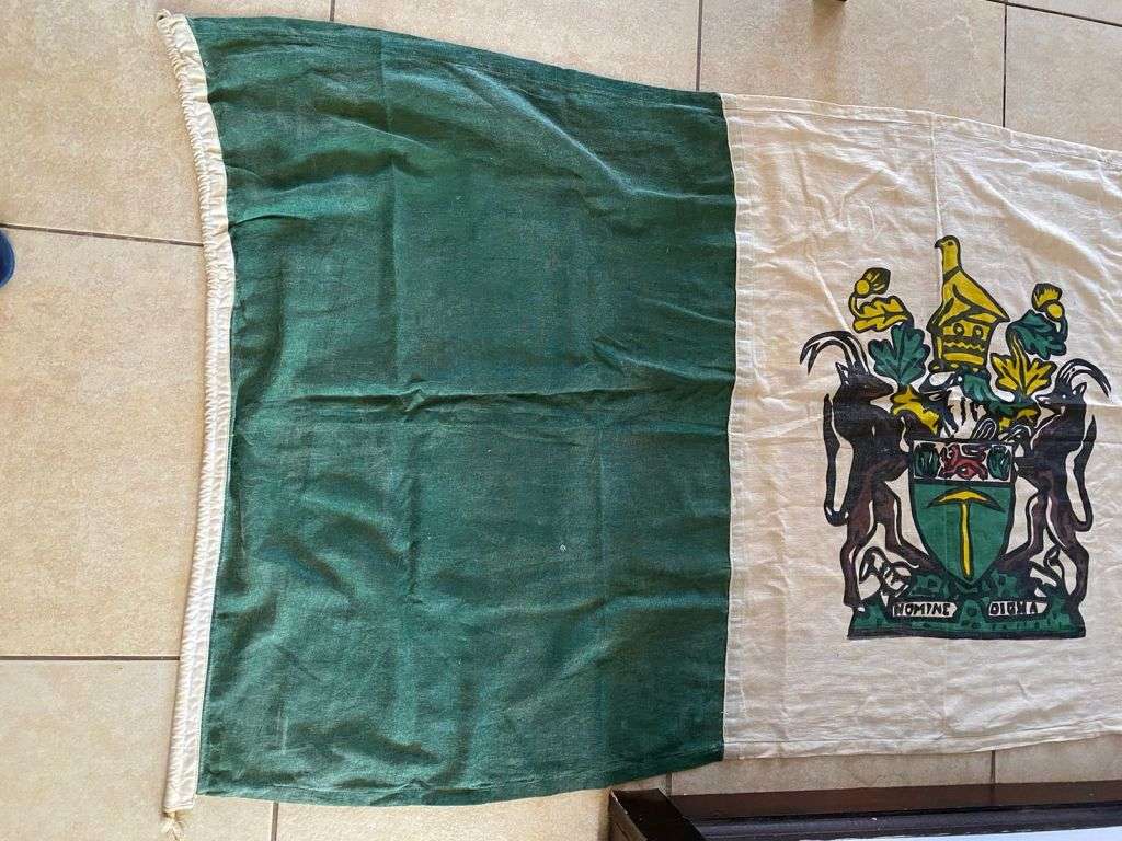 RHODESIAN FLAG-MEASURES 1,9 X 0,9 M-USED BUT GOOD-STITCHED PANELS-ONE SIDED-NO MAKERS LABEL