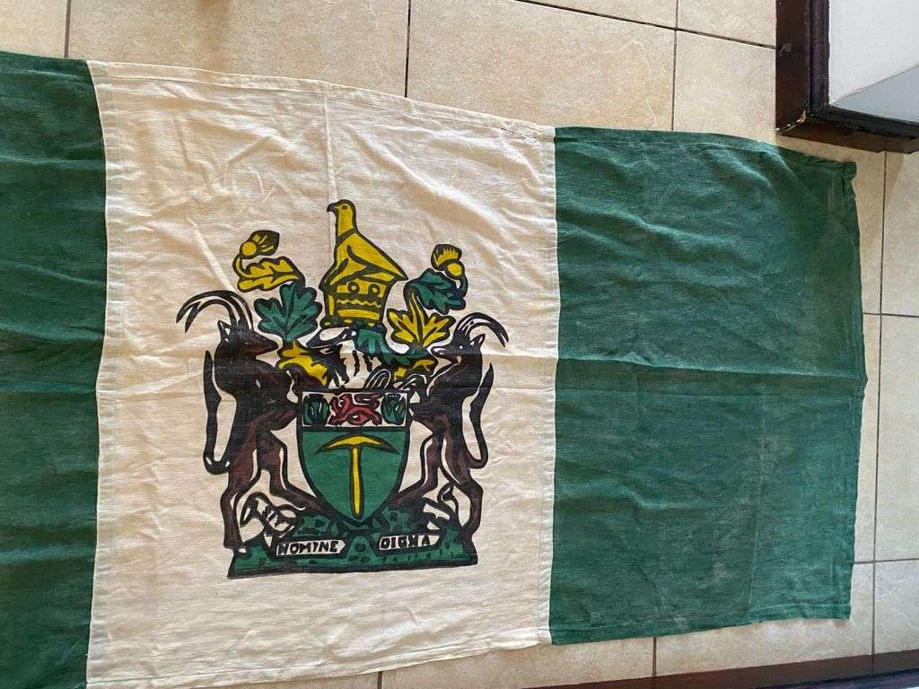 RHODESIAN FLAG-MEASURES 1,9 X 0,9 M-USED BUT GOOD-STITCHED PANELS-ONE SIDED-NO MAKERS LABEL