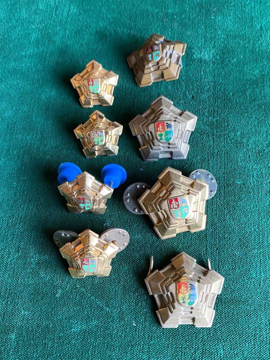 SA ARMY GILT OFFICERS RANK BADGES-WORN 1960-1970`S- 8 SOLD TOGETHER-ONE PIN MISSING
