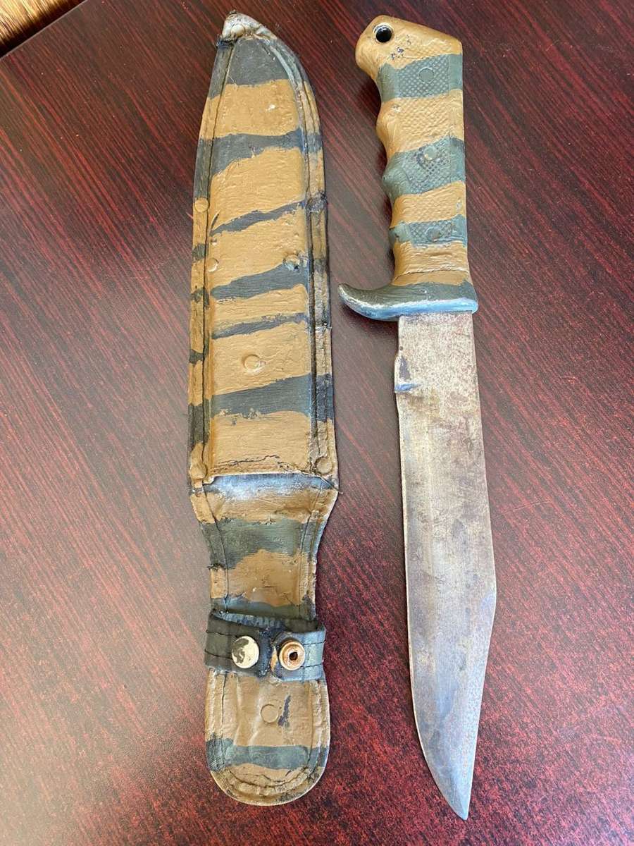 ORIGINAL RECCE USED,CUSTOMISED BOWIE KNIFE,CAMO PAINTED-VERY LARGE,KNIFE MEASURES 39CM IN TOTAL-THIS