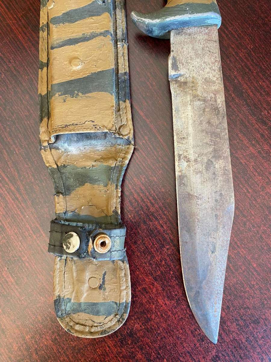 ORIGINAL RECCE USED,CUSTOMISED BOWIE KNIFE,CAMO PAINTED-VERY LARGE,KNIFE MEASURES 39CM IN TOTAL-THIS