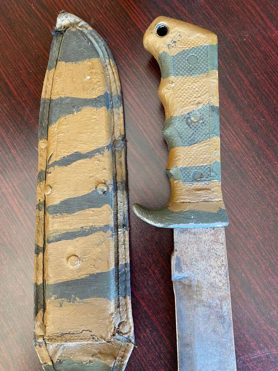 ORIGINAL RECCE USED,CUSTOMISED BOWIE KNIFE,CAMO PAINTED-VERY LARGE,KNIFE MEASURES 39CM IN TOTAL-THIS