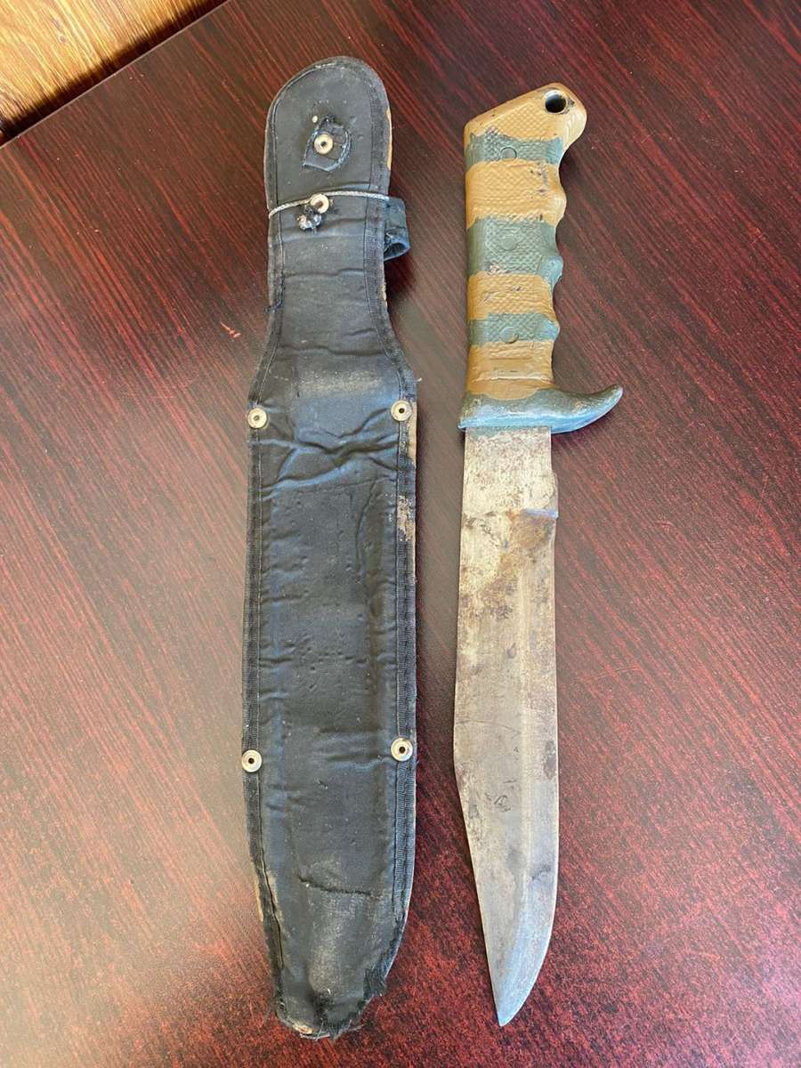 ORIGINAL RECCE USED,CUSTOMISED BOWIE KNIFE,CAMO PAINTED-VERY LARGE,KNIFE MEASURES 39CM IN TOTAL-THIS