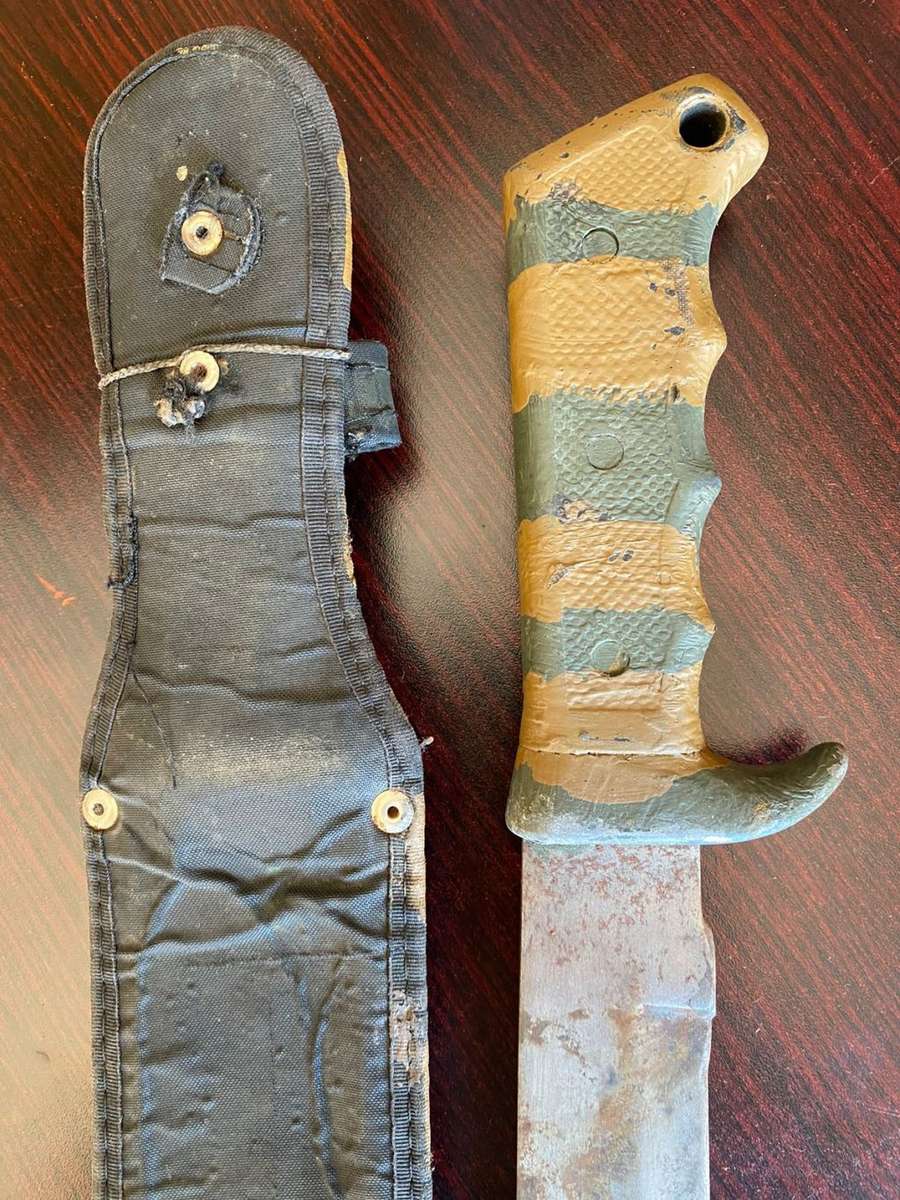 ORIGINAL RECCE USED,CUSTOMISED BOWIE KNIFE,CAMO PAINTED-VERY LARGE,KNIFE MEASURES 39CM IN TOTAL-THIS