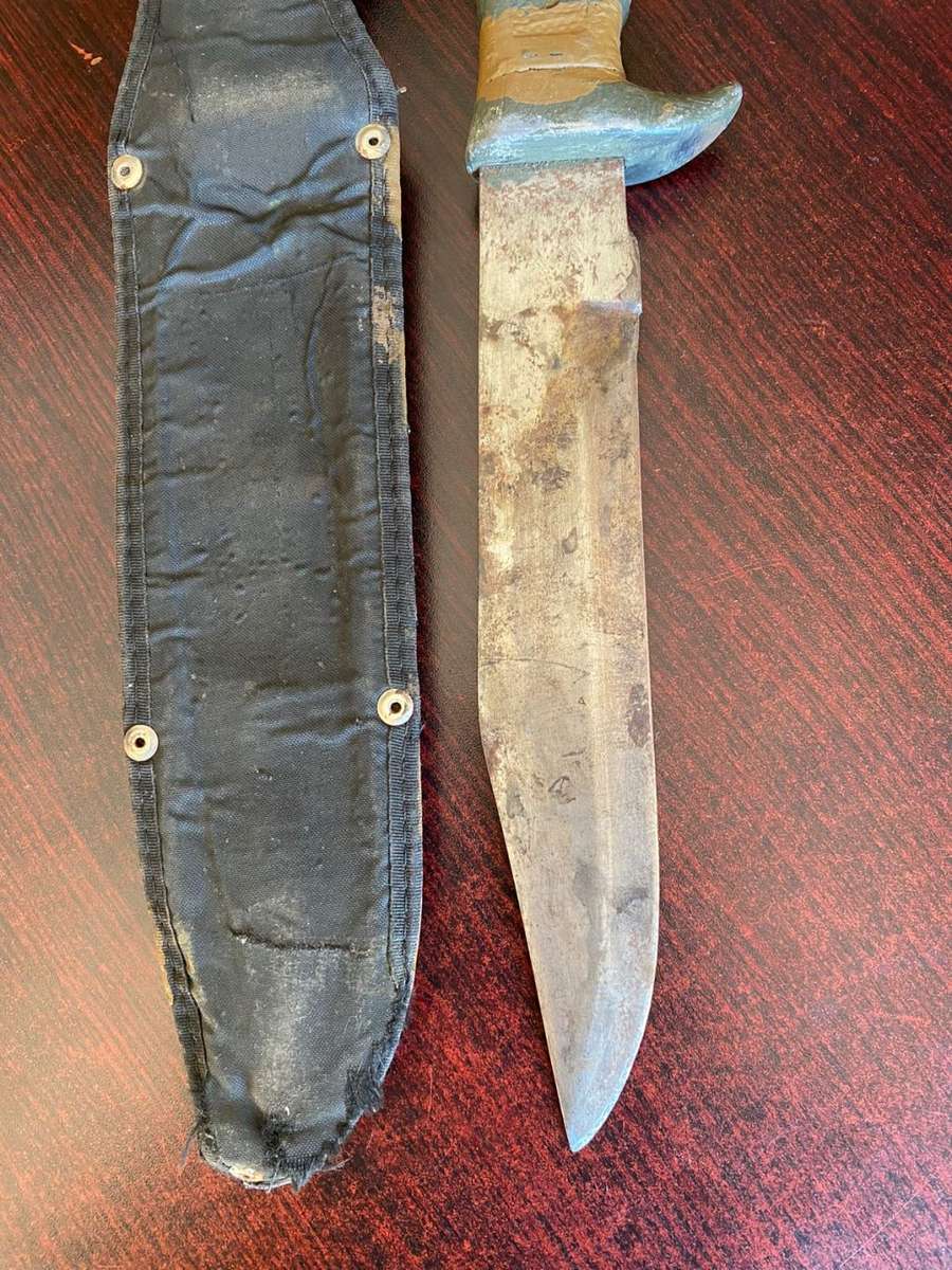 ORIGINAL RECCE USED,CUSTOMISED BOWIE KNIFE,CAMO PAINTED-VERY LARGE,KNIFE MEASURES 39CM IN TOTAL-THIS