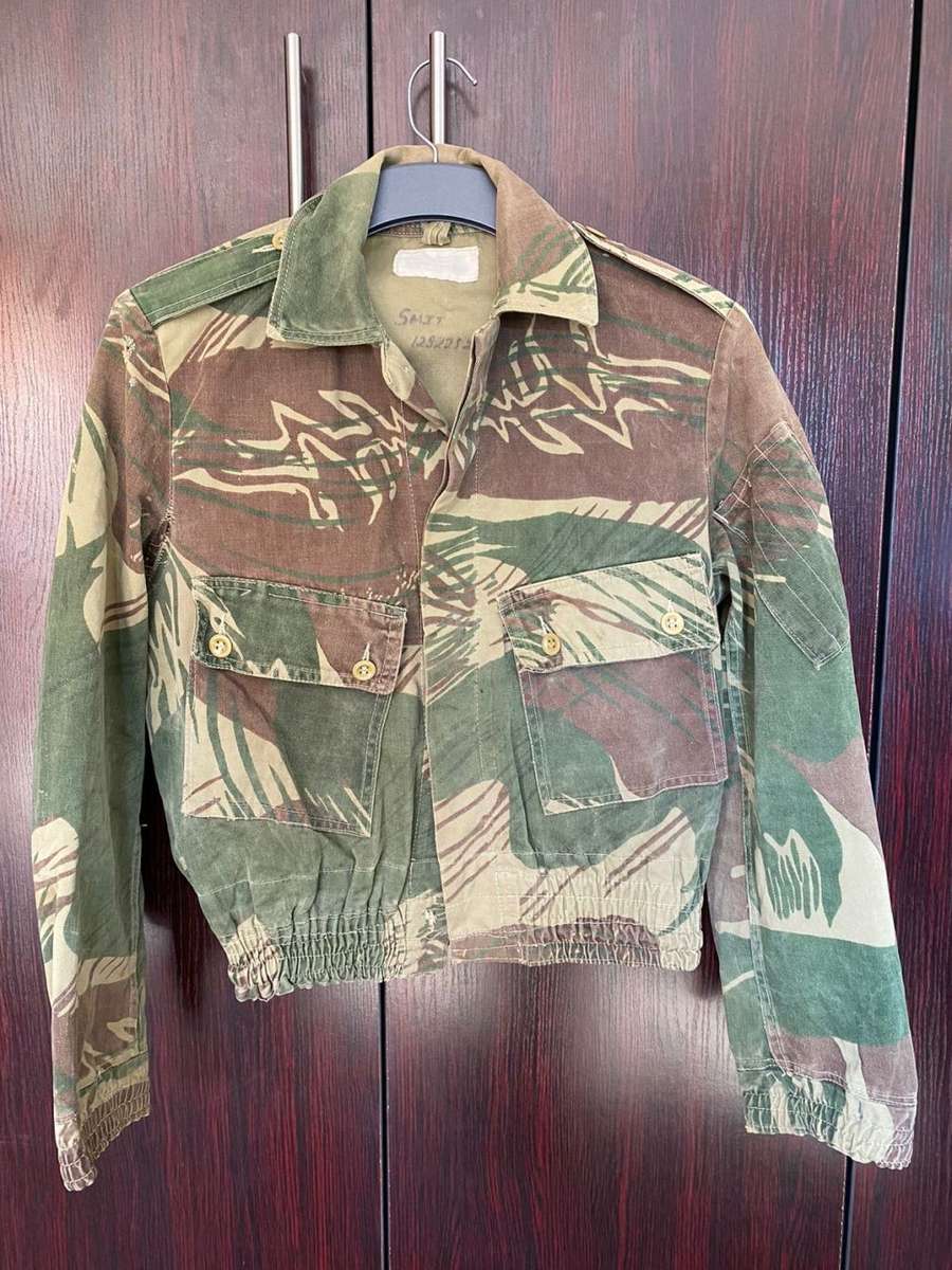 ORIGINAL PERIOD,RHODESIAN CAMO JACKET-BATTLE WORN BUT STILL GOOD CONDITION WITH ALL BUTTONS-NAME AND