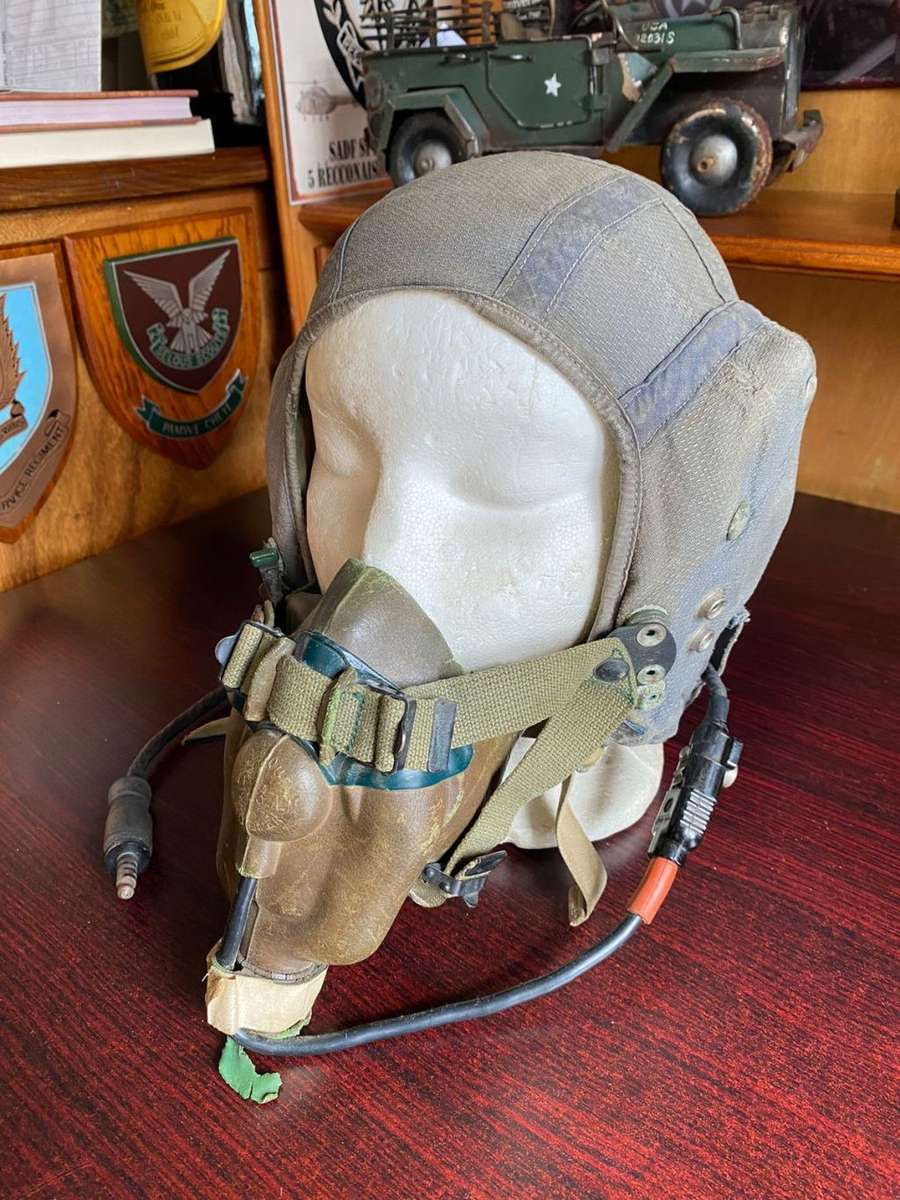 SAAF MK1A PILOTS HELMET WITH OXYGEN MASK,CIRCA 1970`S-USED BY SKELETON-MIRAGE 111 AND HARVARD PILOTS