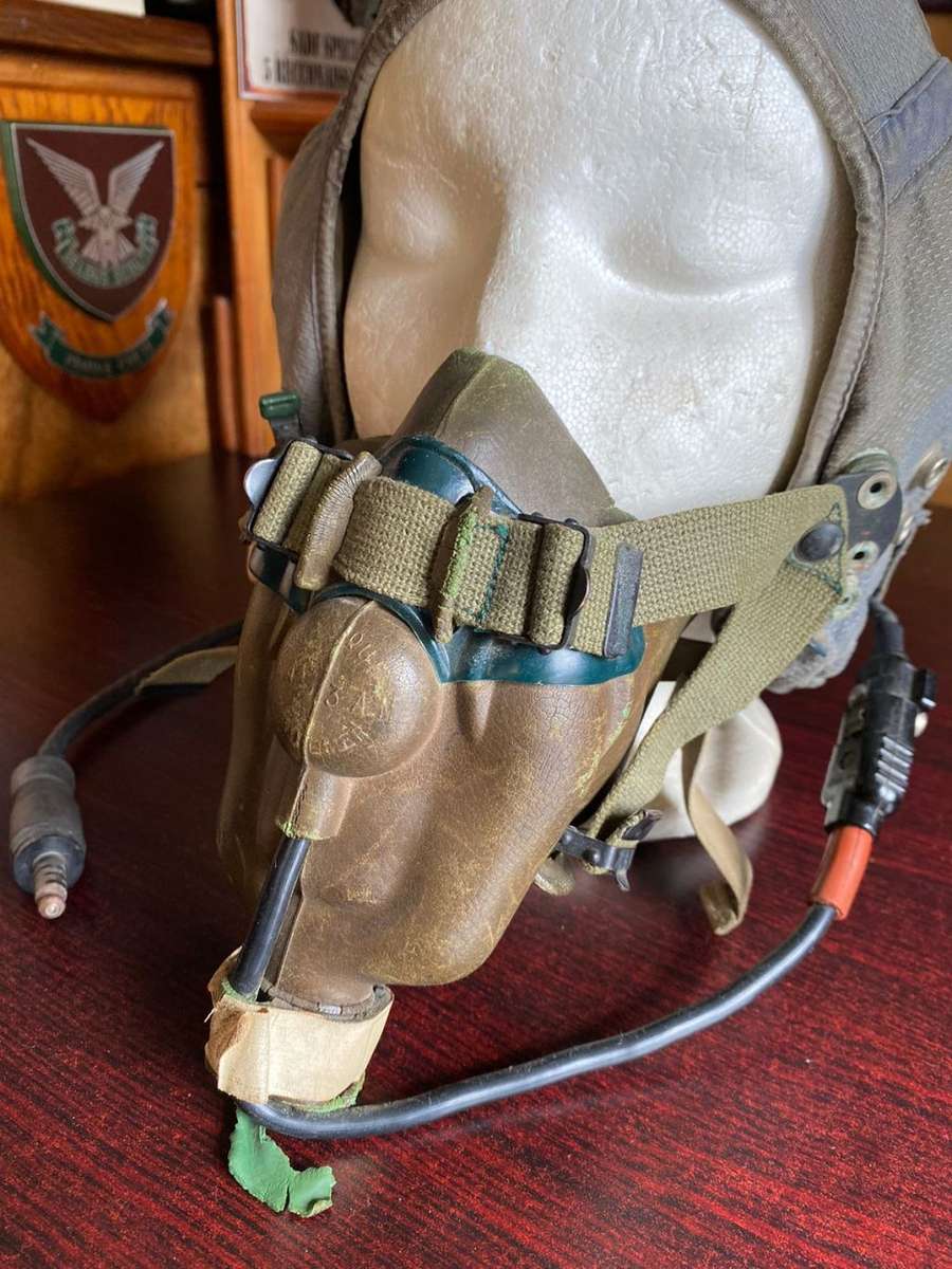 SAAF MK1A PILOTS HELMET WITH OXYGEN MASK,CIRCA 1970`S-USED BY SKELETON-MIRAGE 111 AND HARVARD PILOTS