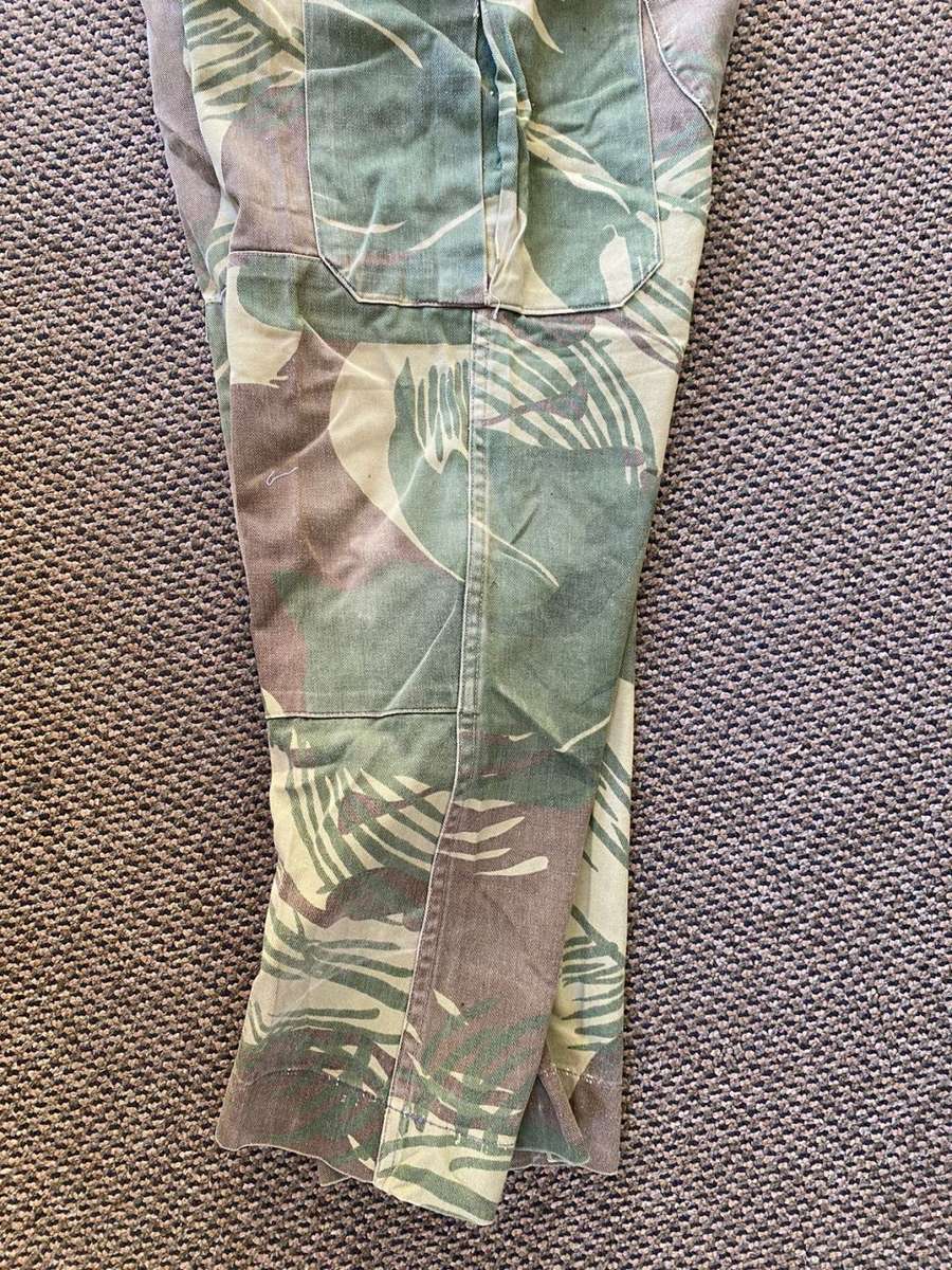 RHODESIAN CAMO TROUSERS-SIZE 32 PIPE LENGTH OF 70CM-REAR PADDING AND WAIST ADJUSTER-BATTLE USED