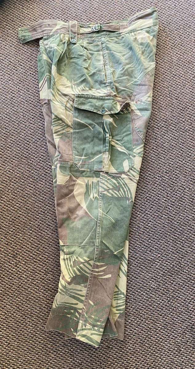 RHODESIAN CAMO TROUSERS-SIZE 32 PIPE LENGTH OF 70CM-REAR PADDING AND WAIST ADJUSTER-BATTLE USED