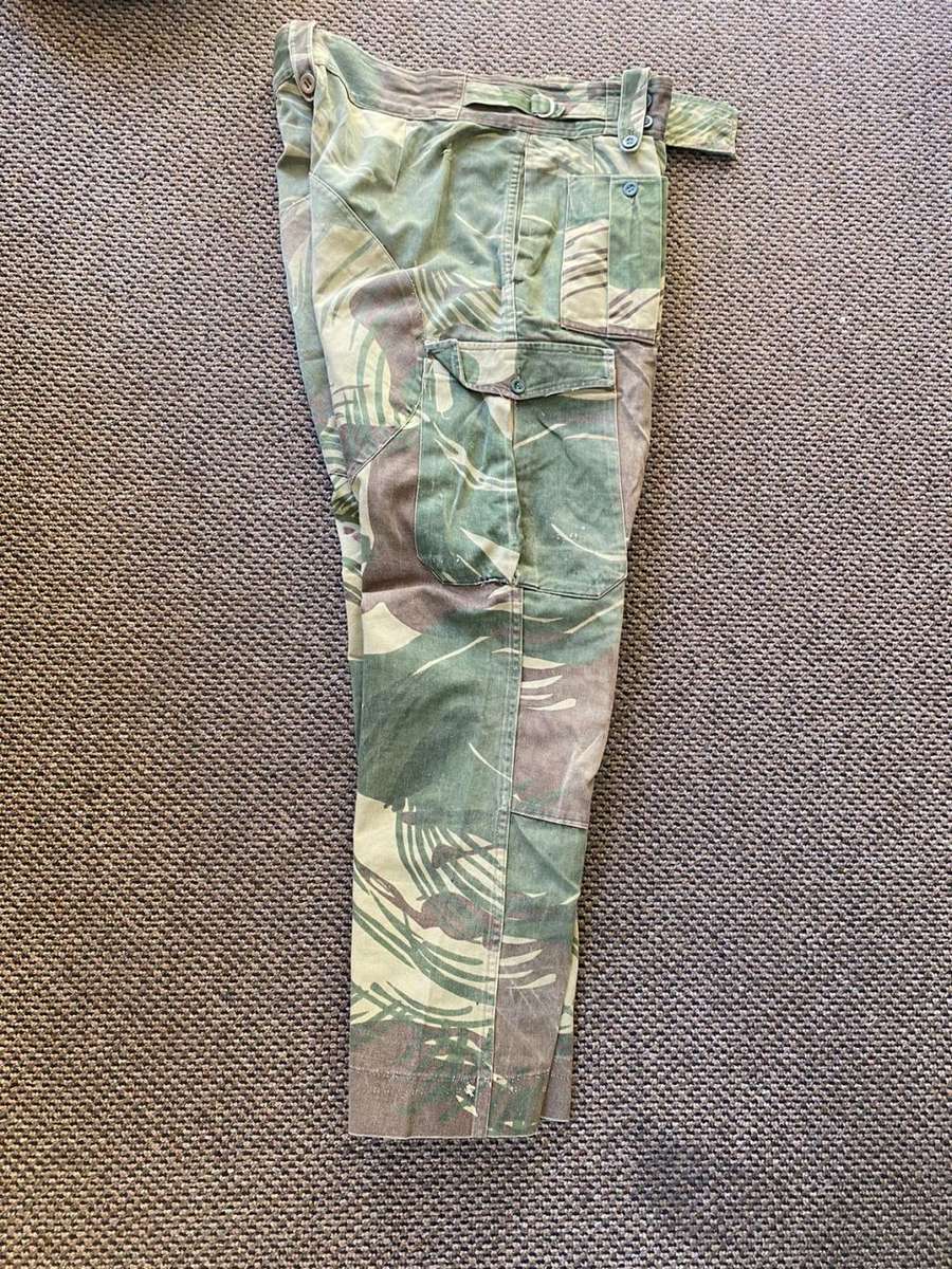 RHODESIAN CAMO TROUSERS-SIZE 32 PIPE LENGTH OF 70CM-REAR PADDING AND WAIST ADJUSTER-BATTLE USED