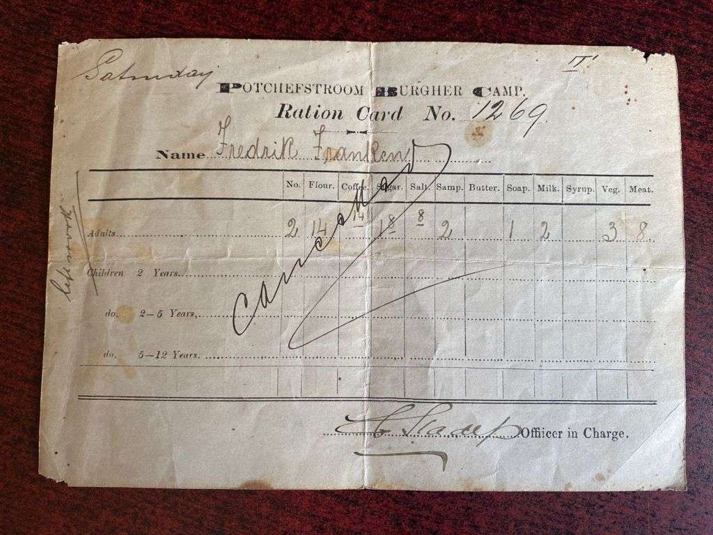 BOER WAR CONCENTRATION RATION CAMP CARD TO FREDERICK FRANKEN-MEASURES 191X135 MM