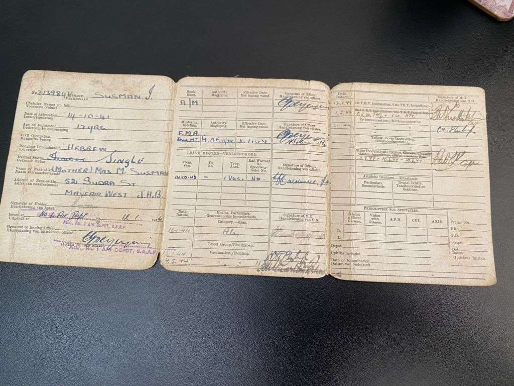 WW2 S.A.A.F. INDENTITY CARD TO J. SUSMAN