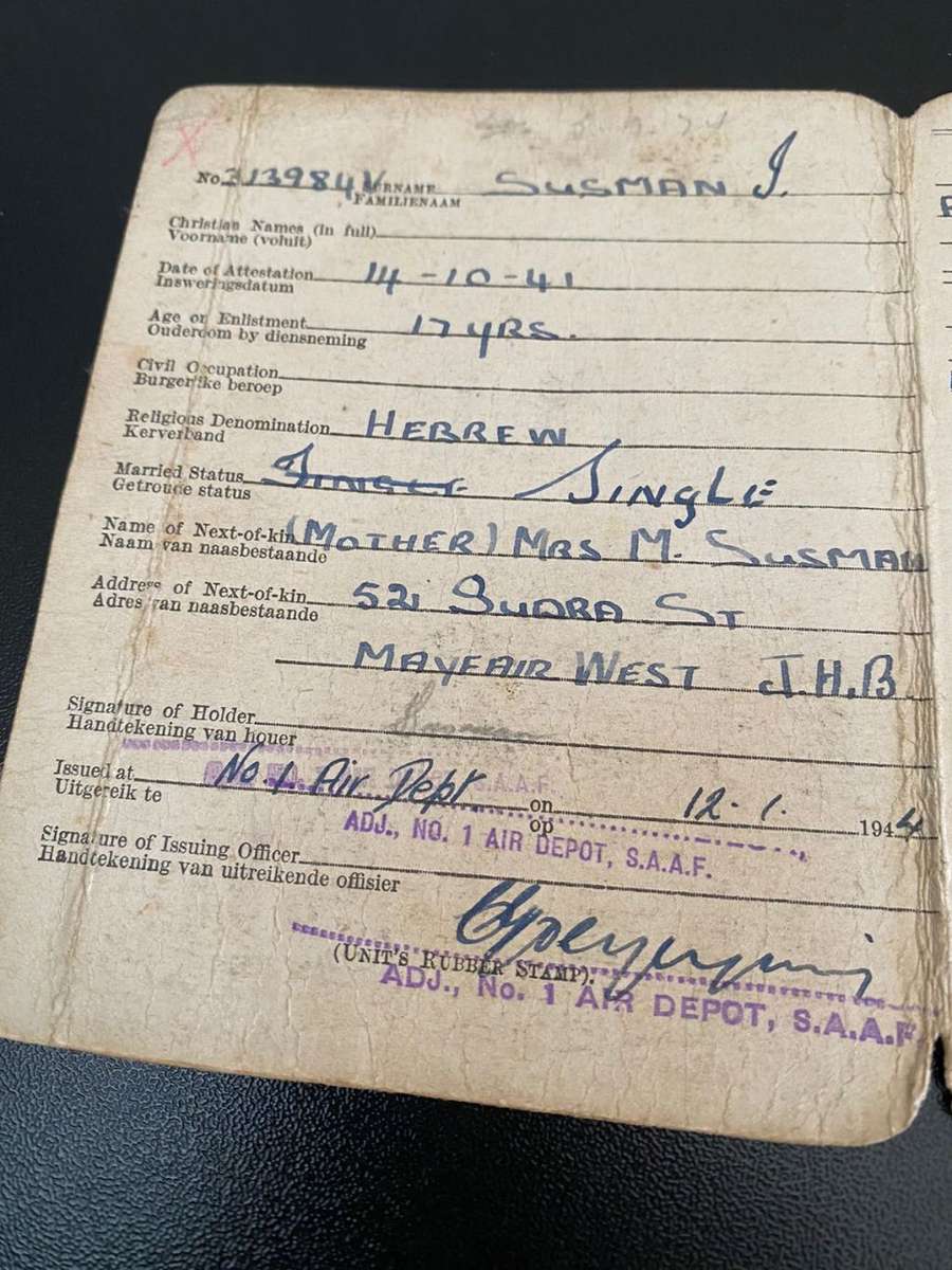 WW2 S.A.A.F. INDENTITY CARD TO J. SUSMAN