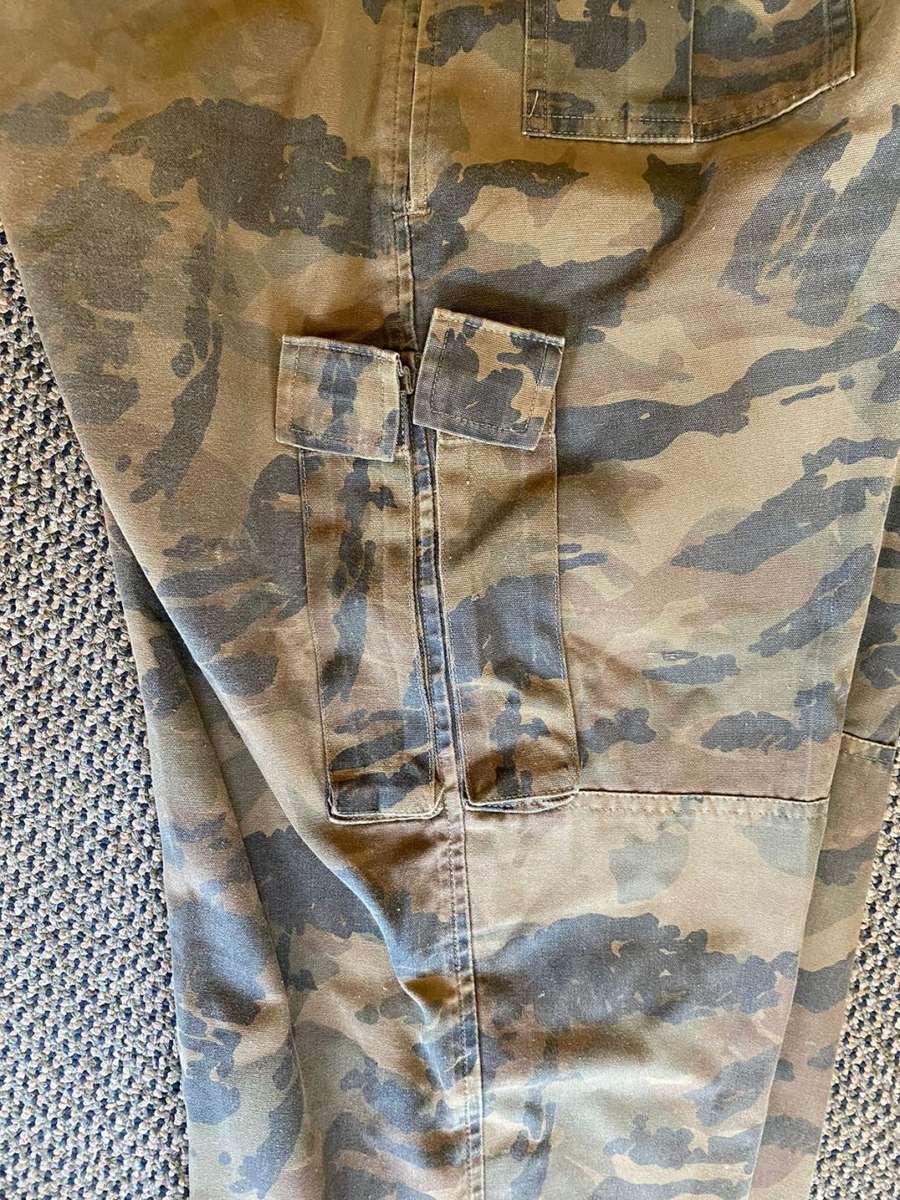RAILWAY POLICE CAMO TROUSERS-SIZE 42- PIPE LENGTH 76-USED CONDITION-LABELLED AND DATED 1984-NEEDS RE