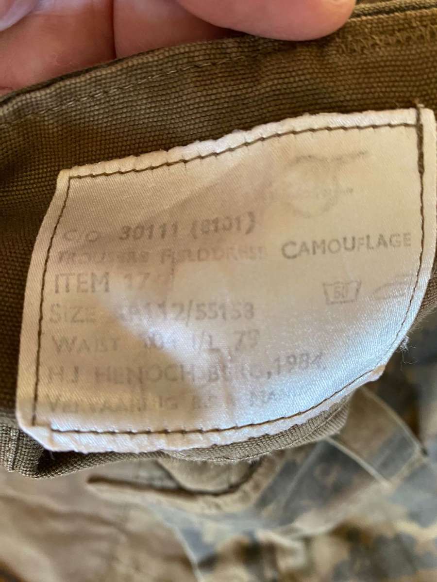 RAILWAY POLICE CAMO TROUSERS-SIZE 42- PIPE LENGTH 76-USED CONDITION-LABELLED AND DATED 1984-NEEDS RE