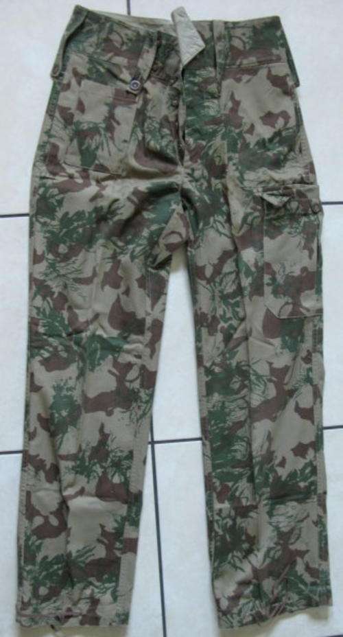 OLD SAP SPECIAL TASK FORCE 2ND PATTERN CAMO TROUSERS LABELLED AND DATED 1980 - 81