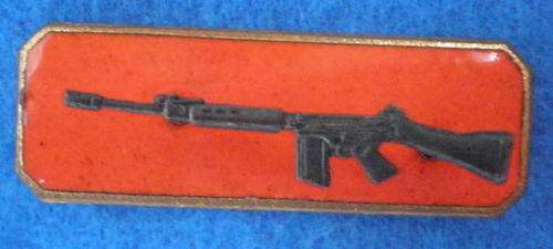 SA ARMY MARKSMAN QUALIFICATION BADGE-BRONZE RIFLE ON ENAMEL BACKING-2PIECE-2PINS