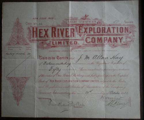 SHARE CERTIFICATE DATED 1902 FOR HEX RIVER EXPLORATION LIMITED COMPANY-ORIGINAL WITH EMBOSSED STAMP
