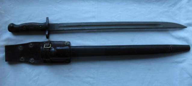 1907 PATTERN BAYONET MADE BY REMINGTON WITH MANGRONITE SCABBARD & LEATHER FROG WITH SAP MARKINGS ON