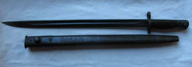 1907 PATTERN BAYONET BY WSC(WILKINSON)SAP MARKINGS ON IT-LEATHER SCABBARD-GOOD CONDITION