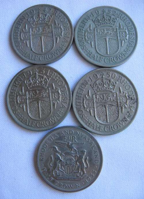 SOUTHERN RHODESIA & RHODESIA&NYASALAND-HALF CROWN FOLLOWING DATES SOLD TOGETHER:1947/1950/1951/1952/