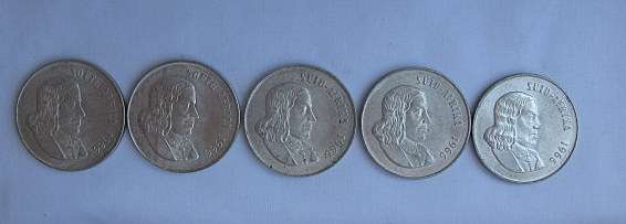 1966 - 80% SILVER ONE RAND COINS - 3 X AFRIKAANS & 2 X ENGLISH - SOLD TOGETHER - HIGH GRADE