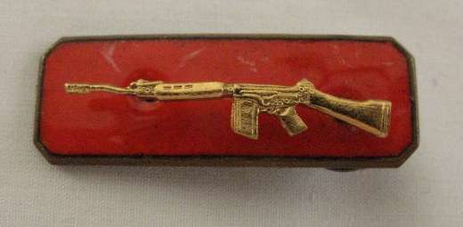 SADF MARKSMAN BADGE FOR INSTRUCTORS - GOLDEN RIFLE ON ENAMEL BACKING - 2 PIECE - ONE PIN MISSING