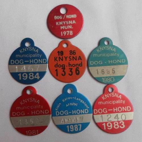 SELECTION OF 7 KNYSNA DOG LICENSES-SOLD TOGETHER-DATED 1978/80/81/83/84/86 & 87