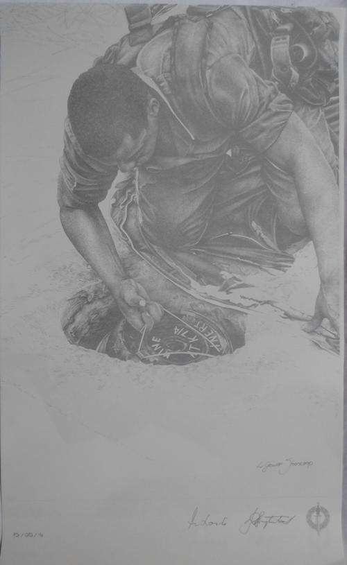 SA RECCE REGT. PENCIL SKETCH BY:L.GREWER STEENKAMP,SIGNED BY MAJ. GEN. F.W. LOOTS & COL. JAN BREYTEN