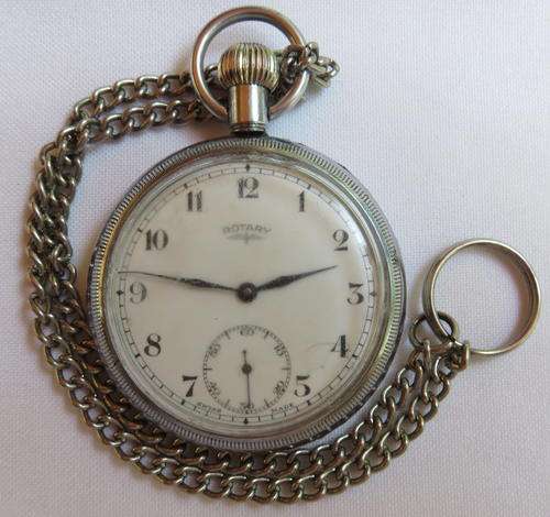 VINTAGE ROTARY SA RAILWAYS STAMPED ON BACK POCKET WATCH WITH CHAIN DIAMETER 50MM NEEDS A SERVICE