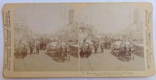 BOER WAR STEREO VIEW CARD-BUSY SCENES ON THE WHARF,CAPE TOWN
