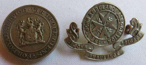 NUMBERED SA WW2 BUTTON HOLE BADGE-SOLD WITH ST JOHNS AMBULANCE BADGE