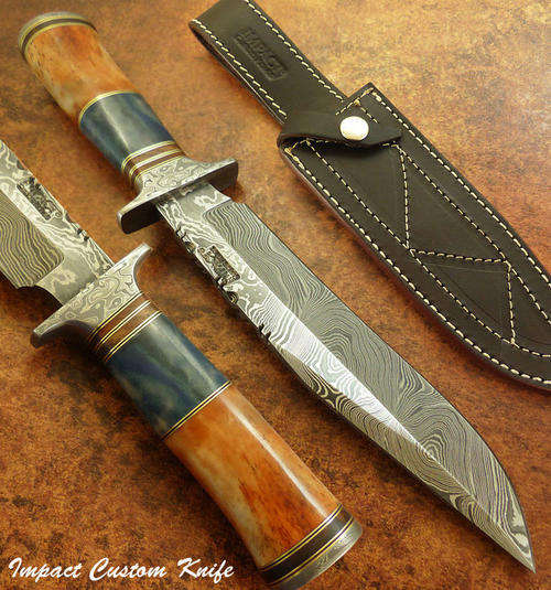 IMPACT CUTLERY RARE CUSTOM DAMASCUS BOWIE KNIFE CAMEL BONE HANDLE