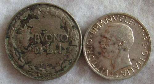NO.449 - ITALIAN 1922 NICKEL BVONO DA L.1 AND 1930 5 LIRE - SILVER - SOLD TOGETHER.