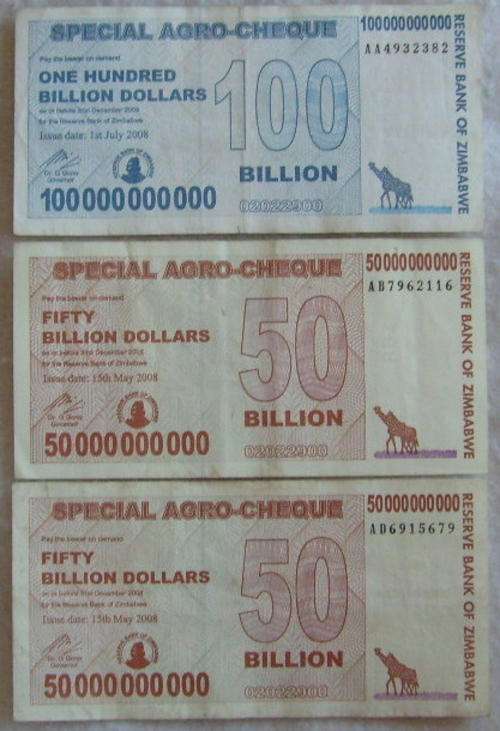 A62 - ZIMBABWE DOLLARS - 3 NOTES SOLD TOGETHER.