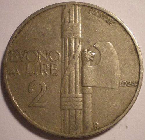 NO. A371)  ITALY - 2 LIRE 1924 - NICKEL - MINTMARK R.