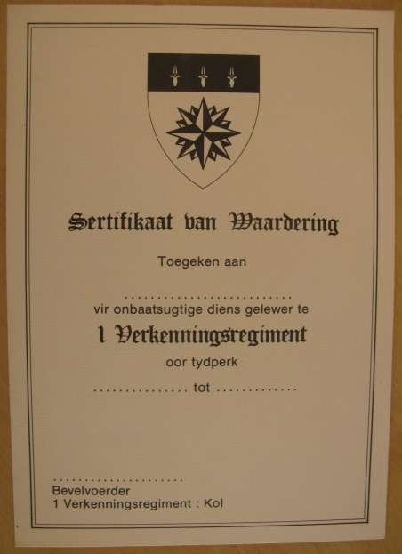 NO. 5189)  1 RECCE REG. SERTIFIKAAT VAN WAARDERING VIR ONBAATSUGTIGE DIENS.  ORIGINAL.