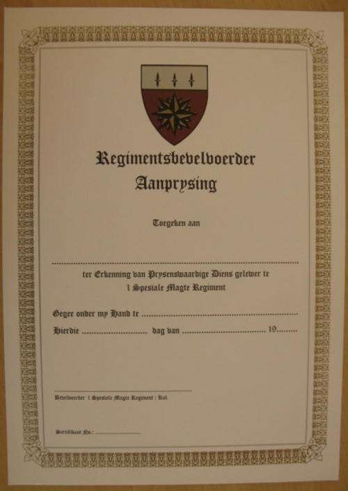 NO. 5186)  1 SPECIAL FORCES REGT. REGIMNETS BEVELVOERDER AANPRYSING CERTIFICATE - ORIGINAL.