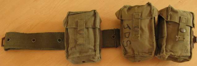 SADF WEBBING BELT WITH 3 AMMO POUCHES SIZE ADJUSTABLE.  CONDITION: USED - GOOD WITHOUT DAMAGE.