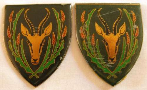 5 S.A. INFANTRY SHOULDER FLASH - PAIR.  GOLD VARIATION.  BOTH SOLD WITHOUT PINS.