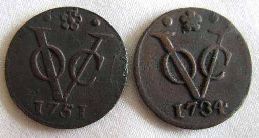 NETHERLANDS EAST INDIES - ZEELAND DUIT.  1734 & 1751.  COPPER.  SOLD TOGETHER.
